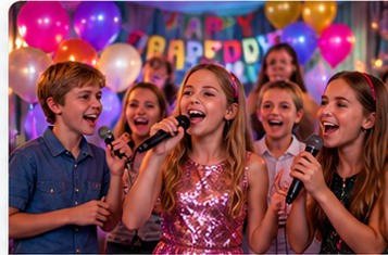Birthday party karaoke with friends and cake