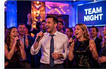 Colleagues singing karaoke at a corporate party